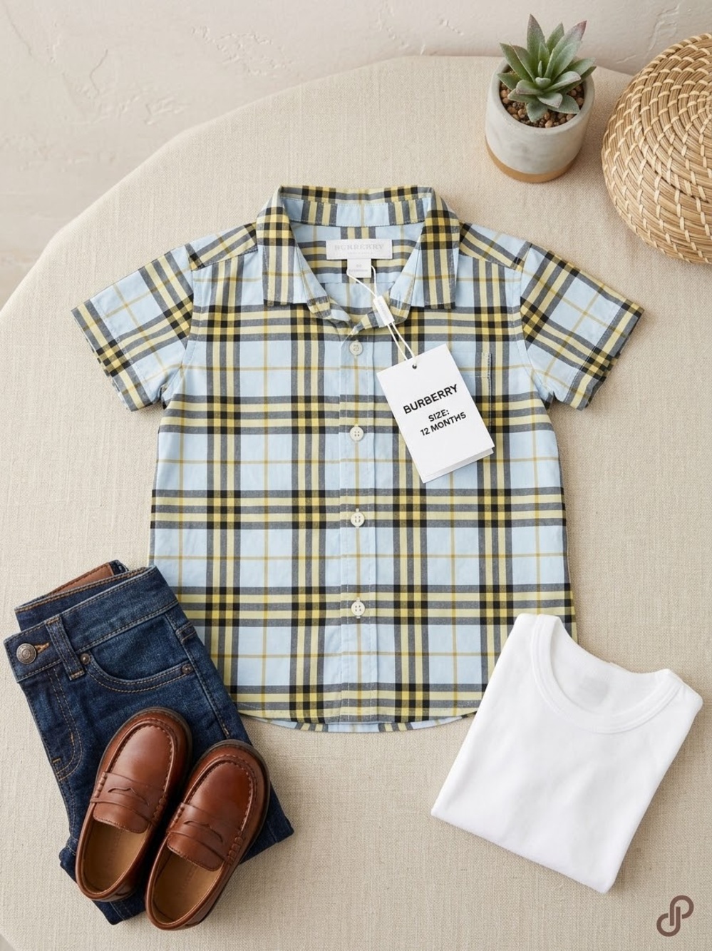 Burberry Light Blue & Yellow Plaid Short-Sleeve Button-Down Shirt